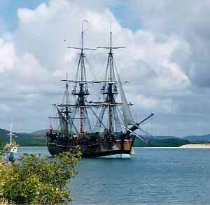 Replica of James Cook's ship, HMB Endeavour, in Cooktown Harbour, 1988